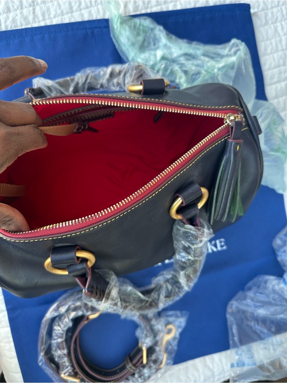 Dooney & Bourke Navy Florentine Satchel with Gold Hardware and Navy Tassel - Picture 4 of 13